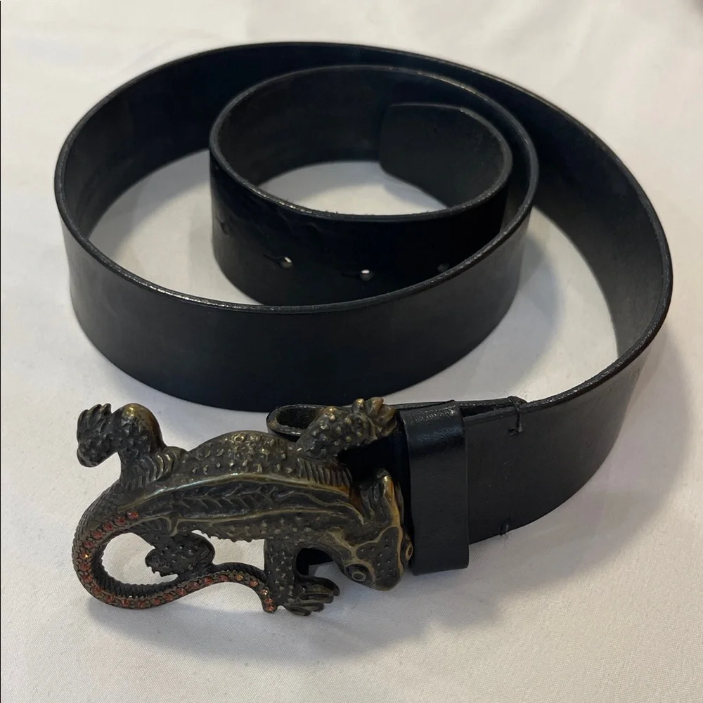 Emporio Armani Black Leather Embossed Belt Brass Lizard Belt Buckle Mens
